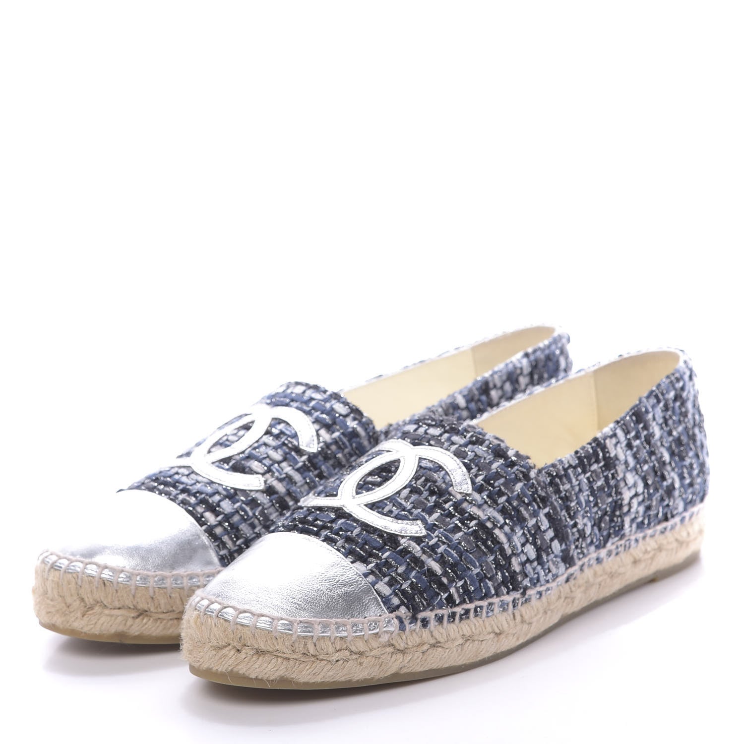 Chanel Metallic Tweed Lambskin CC Espadrilles 40 Blue Black Silver 3 of 11