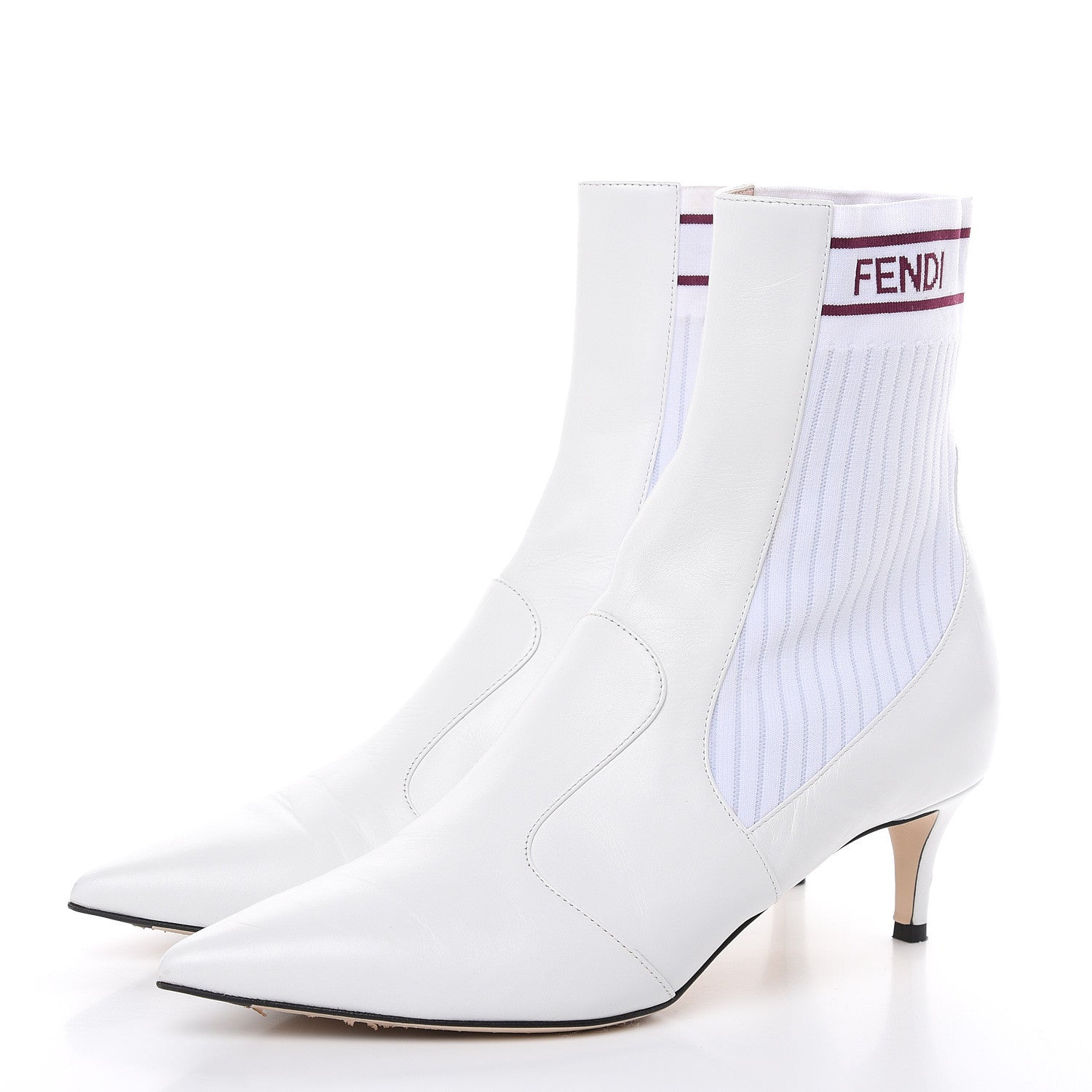 Fendi Vitellino Stretch Fabric Logo Rockoko Low Heel Sock Boots 39 White Bordeaux 3 of 11
