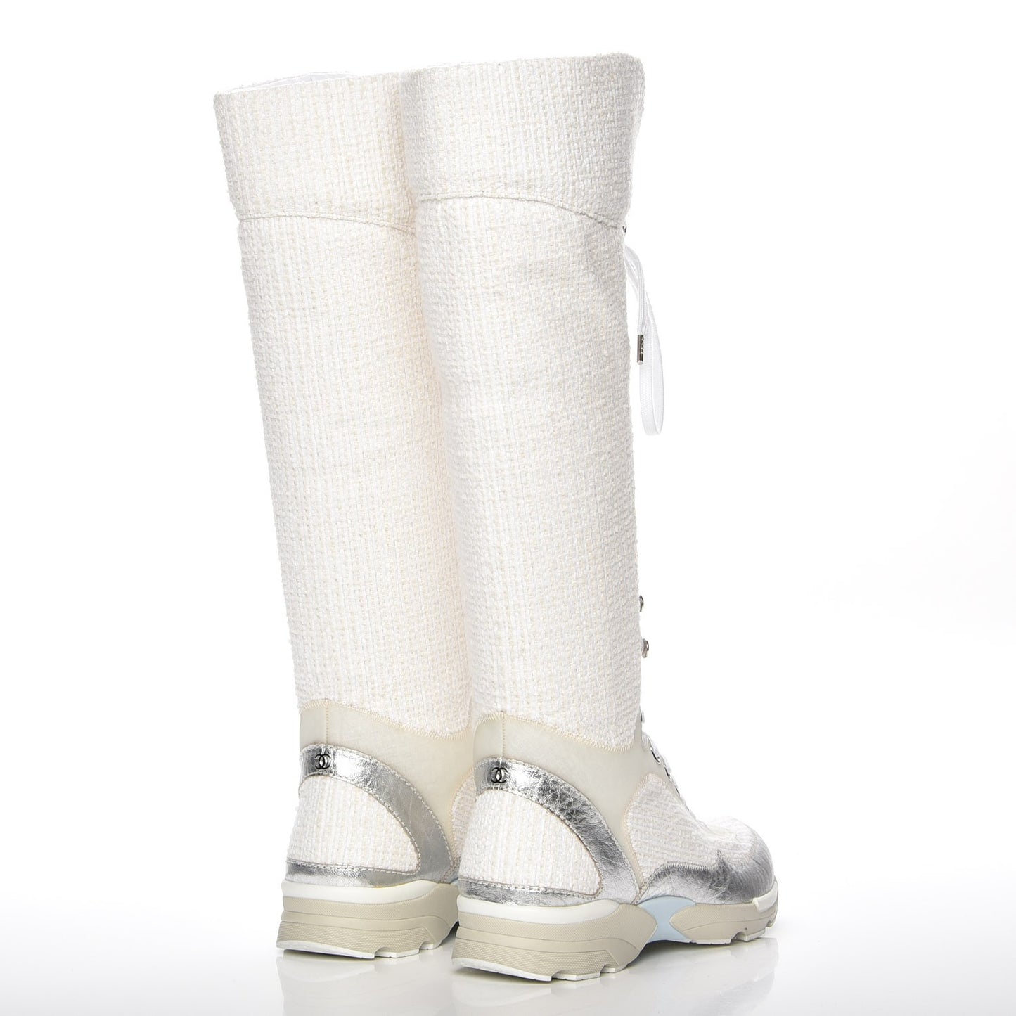 Tweed Suede Calfskin Sneaker High Boots 38 White Ecru Silver