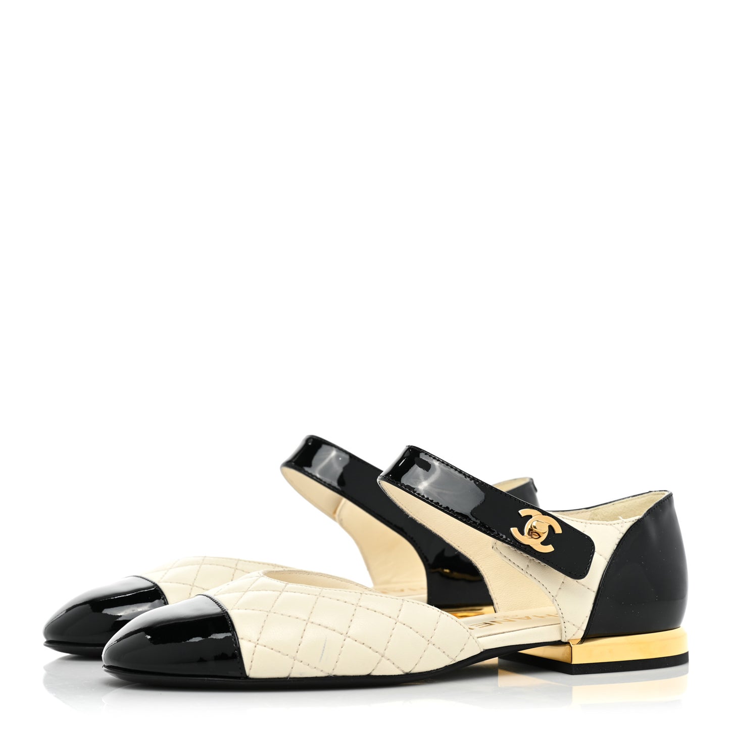 Patent Lambskin Quilted Cap Toe Ballerina Flats 36 Ivory Black