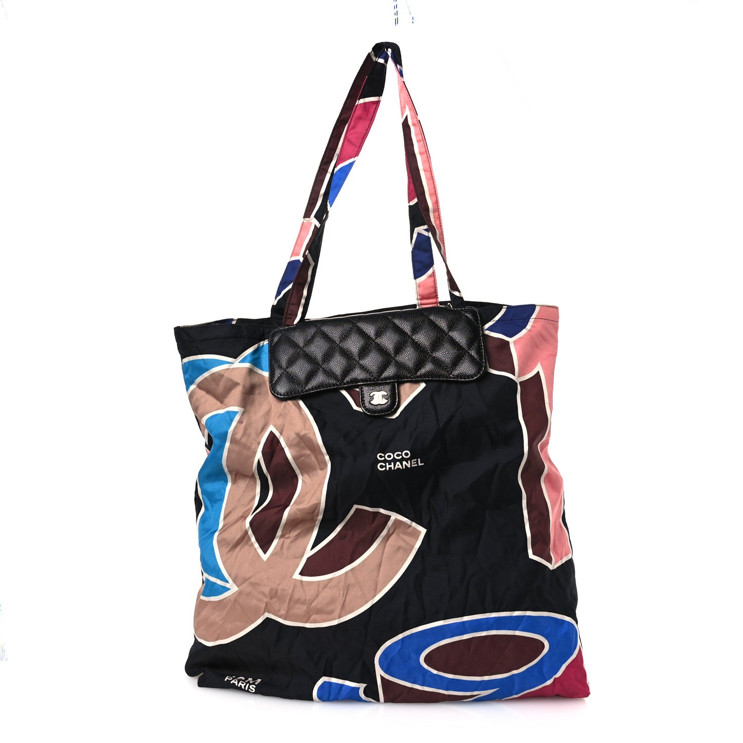 Caviar Fabric Foldable Tote Bag With Chain Black Multicolor