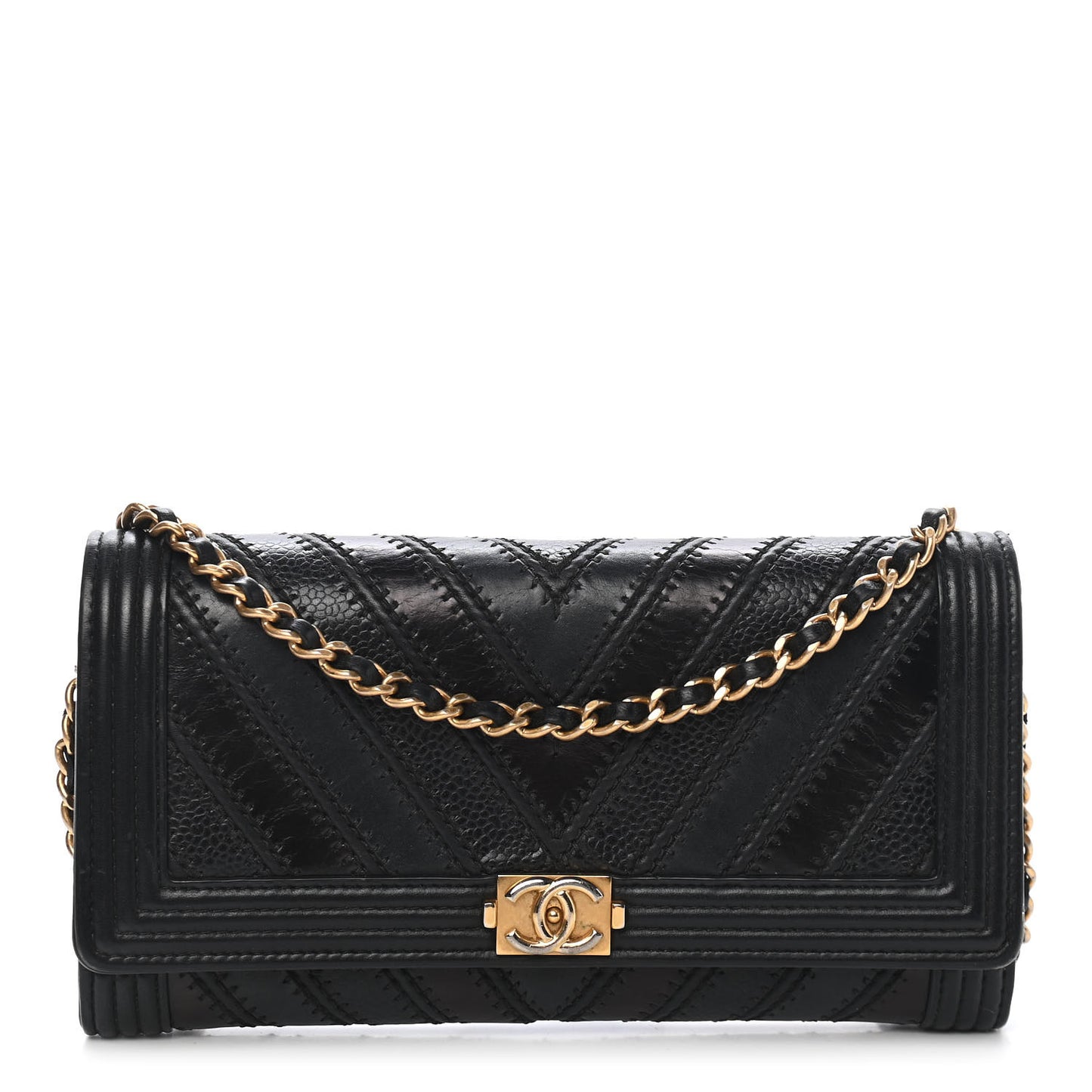 Calfskin Caviar Quilted Chevron Mixed Boy Wallet On Removable Chain Black