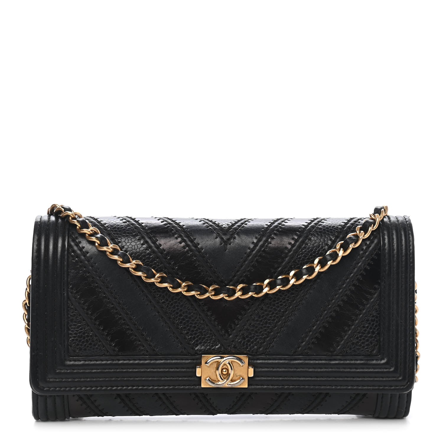 Chanel Calfskin Caviar Quilted Chevron Mixed Boy Wallet On Removable Chain Black 1 of 9