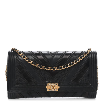 Chanel Calfskin Caviar Quilted Chevron Mixed Boy Wallet On Removable Chain Black 1 of 9