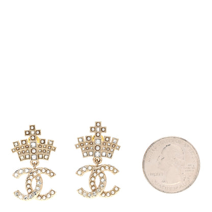 Chanel Crystal CC Crown Drop Earrings Gold 2 of 4