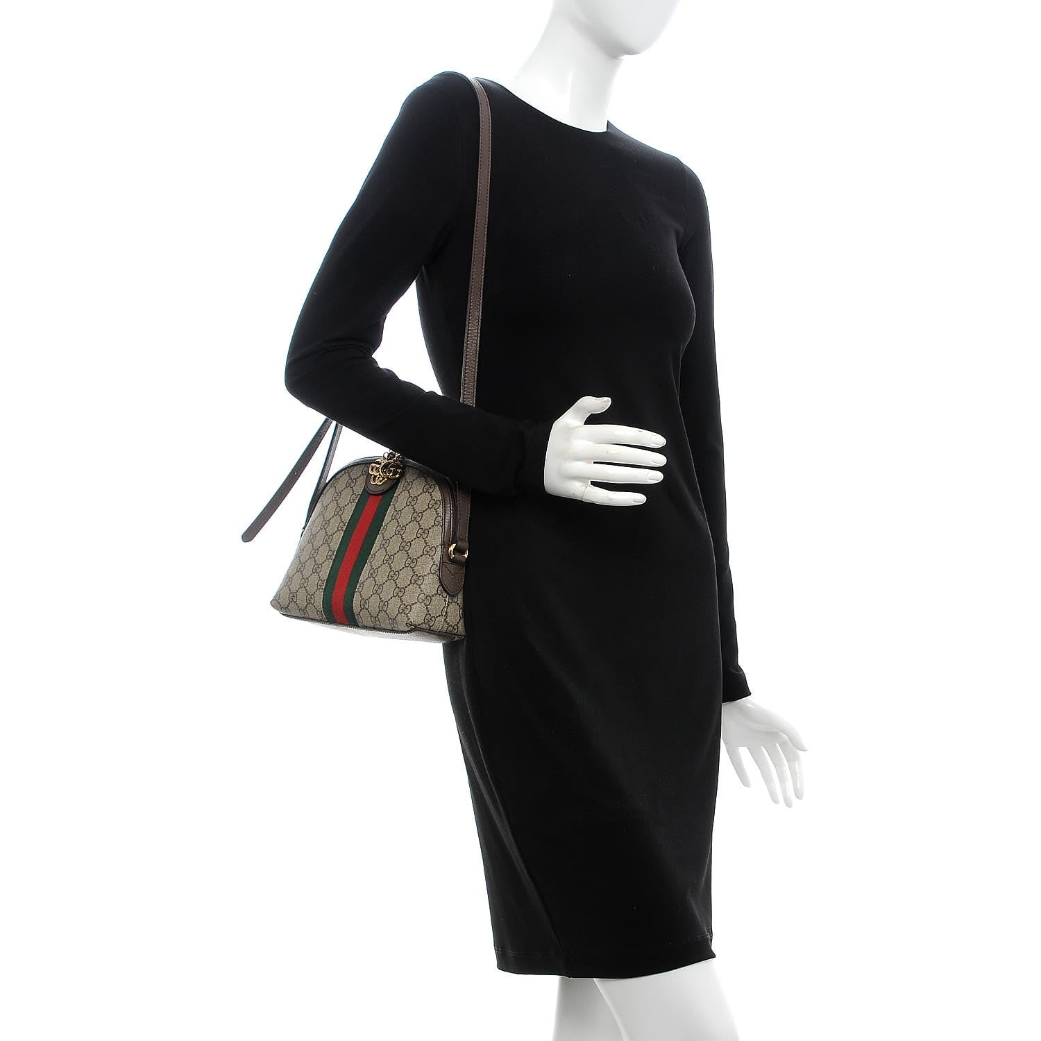 Gucci GG Supreme Monogram Textured Dollar Calfskin Web Small Ophidia Dome Shoulder Bag Beige Ebony New Acero 2 of 9