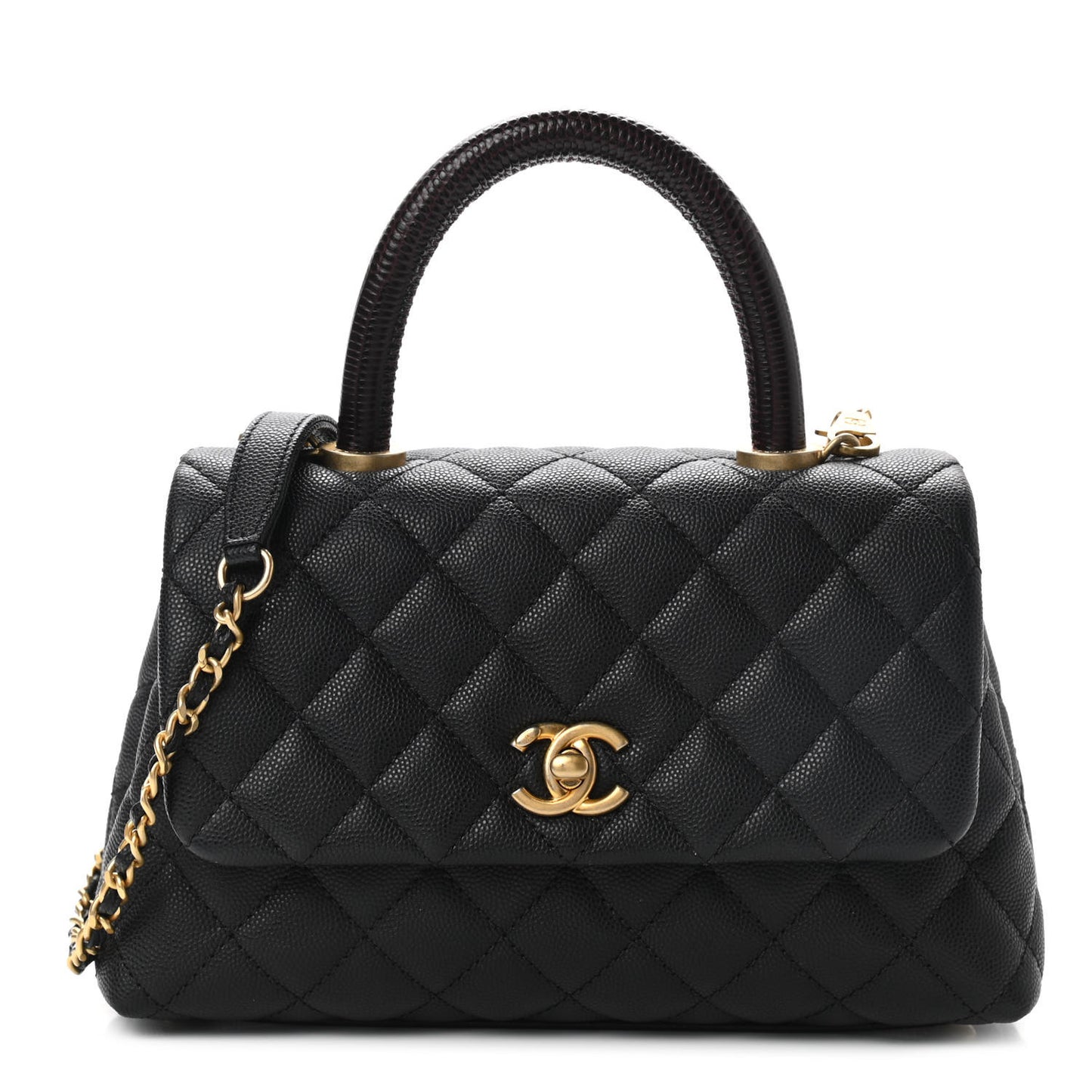 Caviar Lizard Embossed Quilted Mini Coco Handle Flap Black