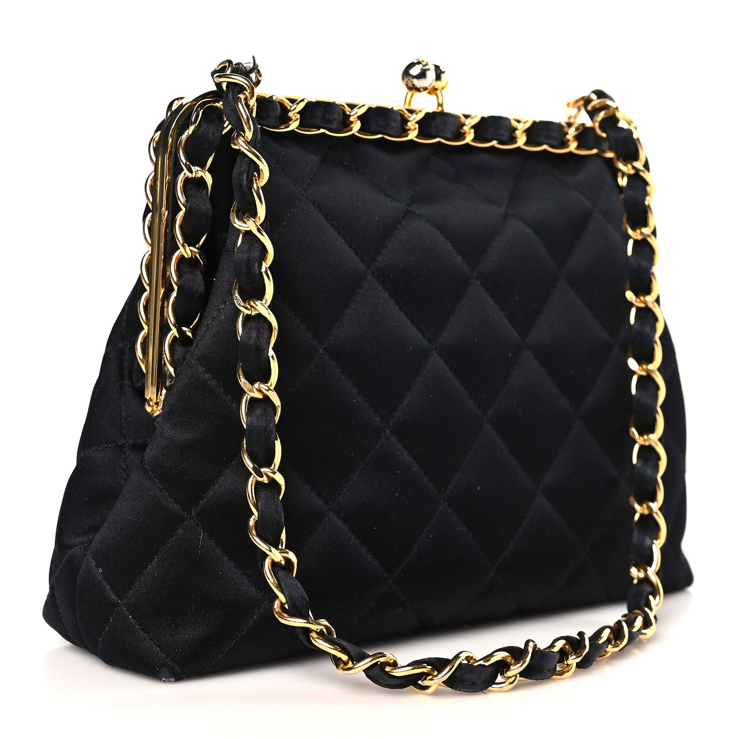 Satin Quilted Kisslock Clutch Black