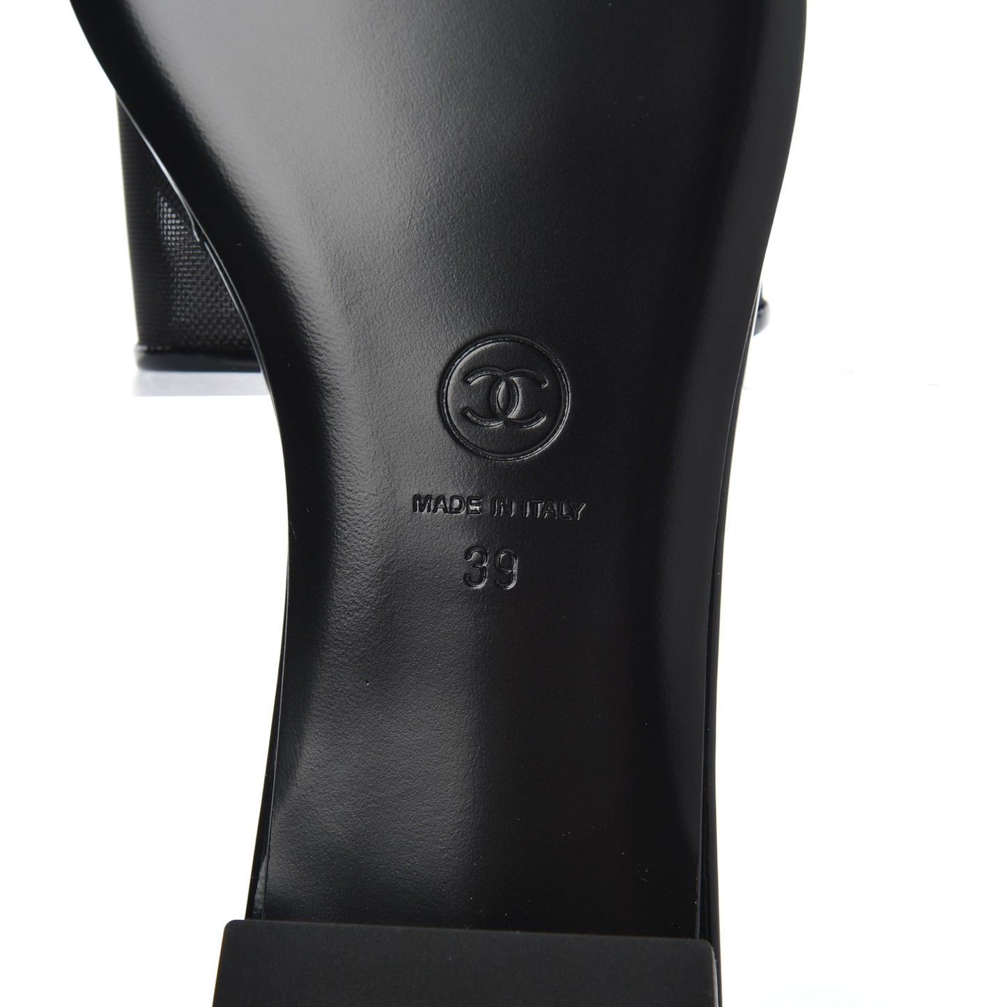 Mesh Patent Calfskin CC Mules 39 Black
