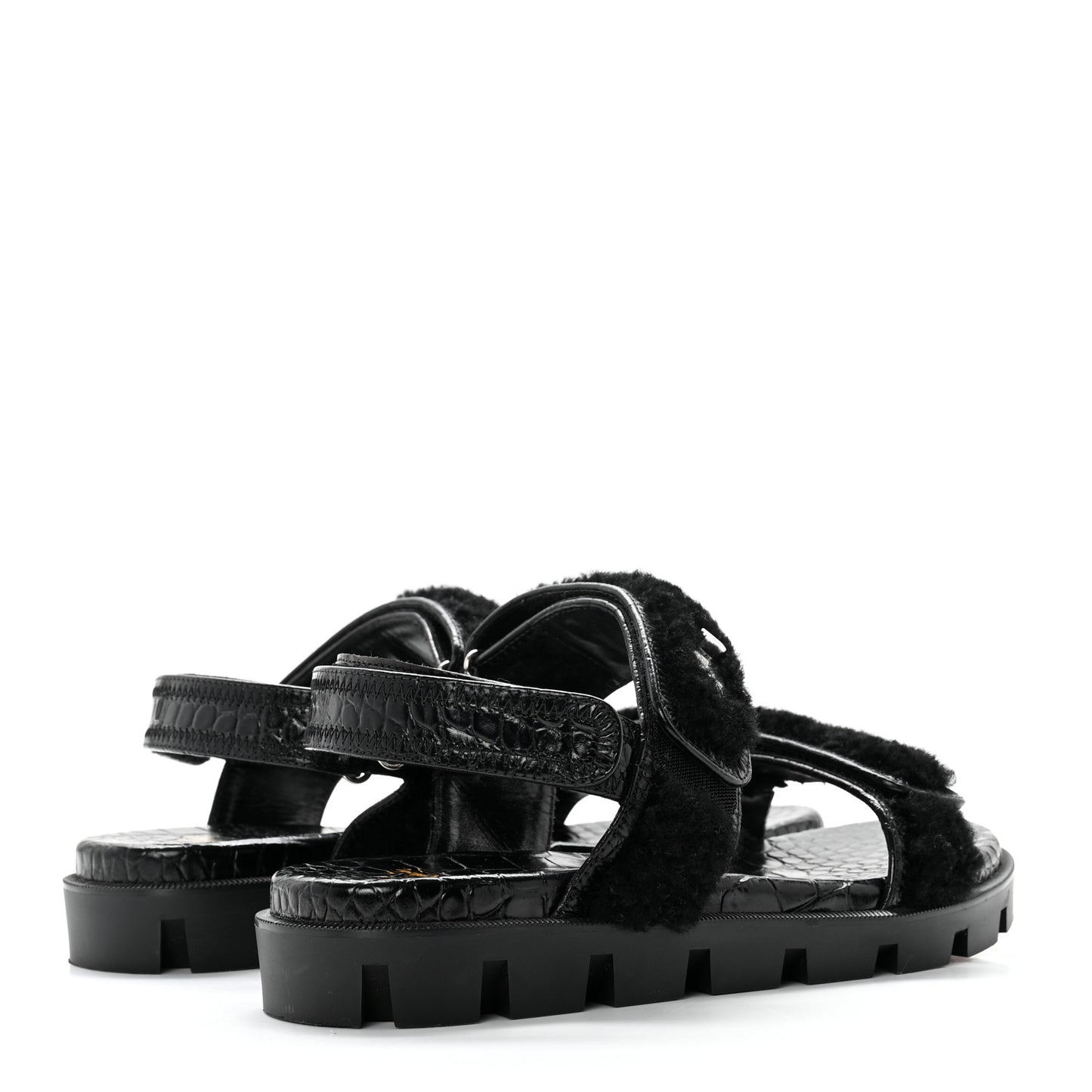 Calfskin Crocodile Embossed Lock Wool Flat Sandals 39 Black