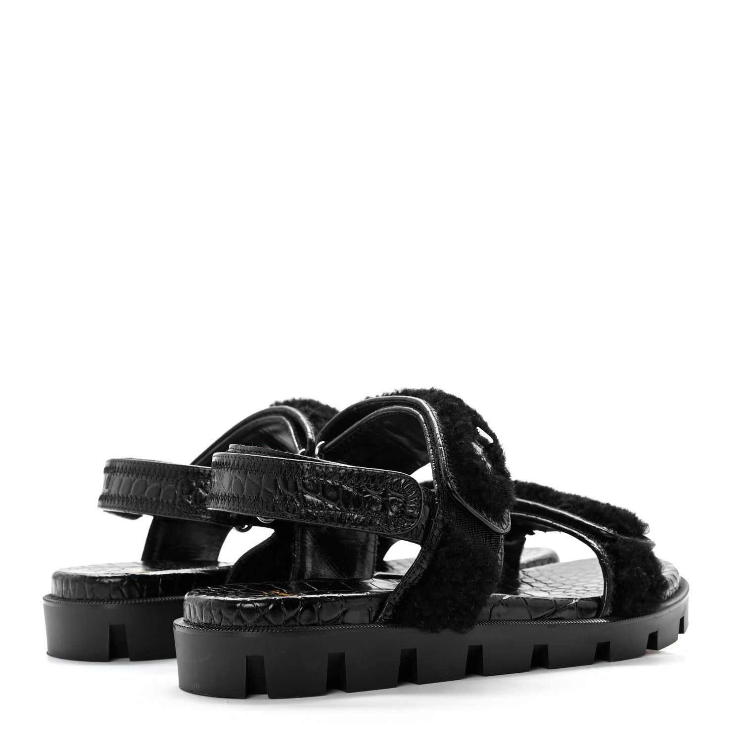 Christian Louboutin Calfskin Crocodile Embossed Lock Wool Flat Sandals 39 Black 4 of 7