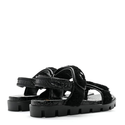 Christian Louboutin Calfskin Crocodile Embossed Lock Wool Flat Sandals 39 Black 4 of 7
