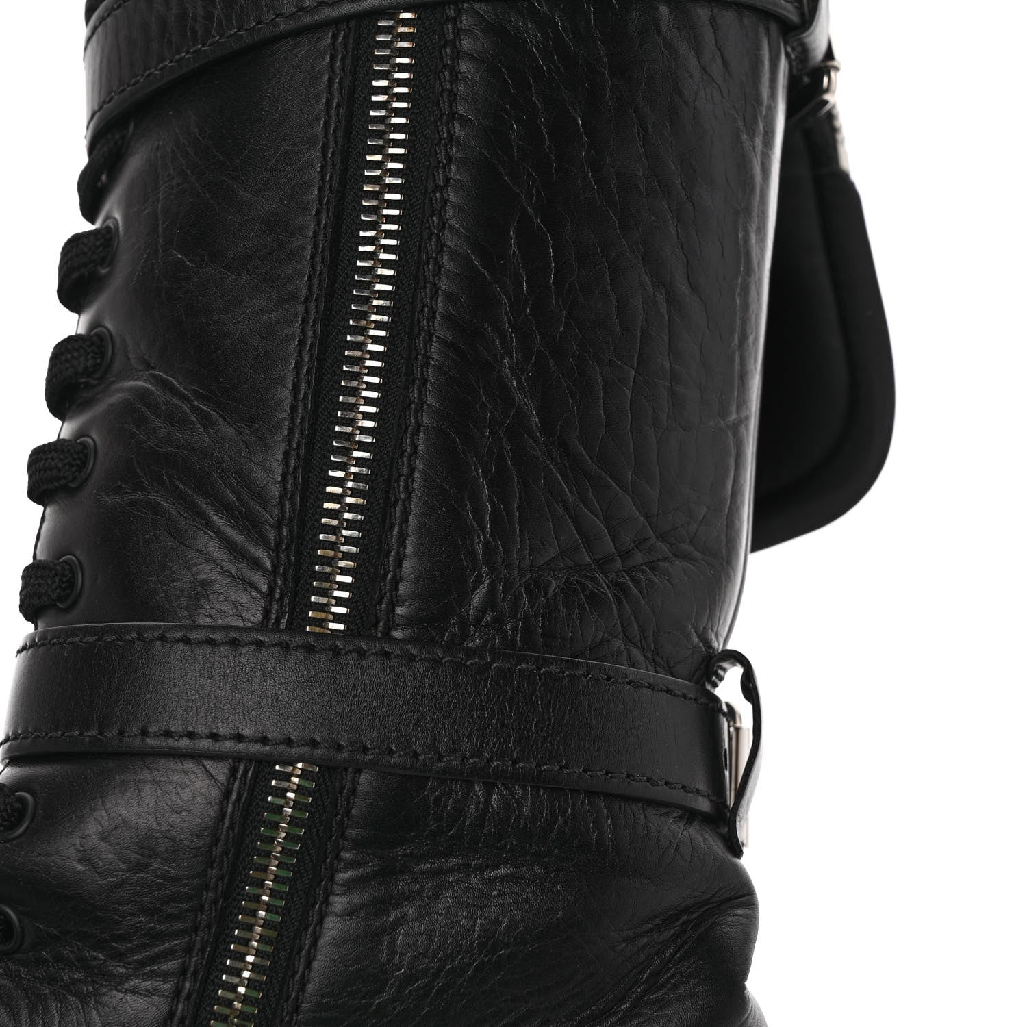 Prada Vitello Lux Nylon Metal Triangle Logo Monolith Pouch Pocket 55mm Tall Combat Boots 37 Black 10 of 10