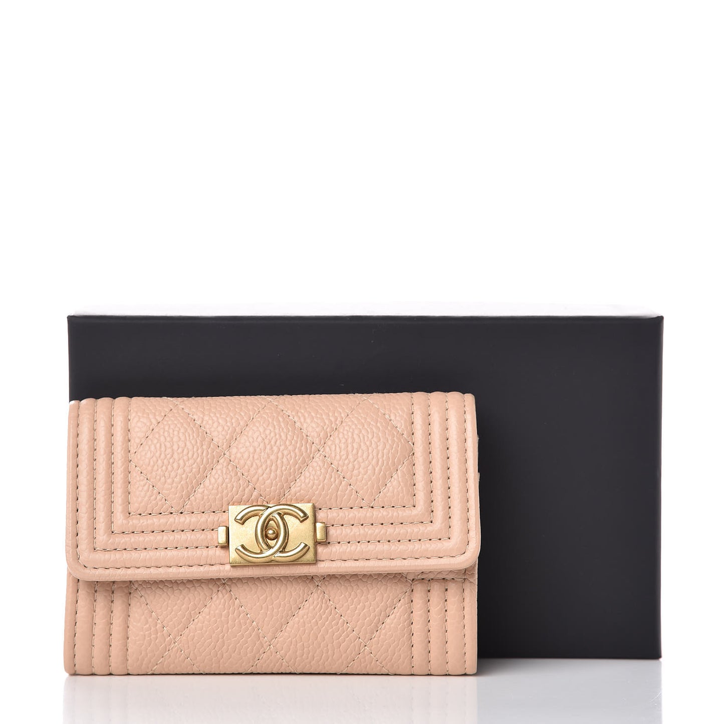 Caviar Quilted Boy Card Holder Wallet Beige Clair