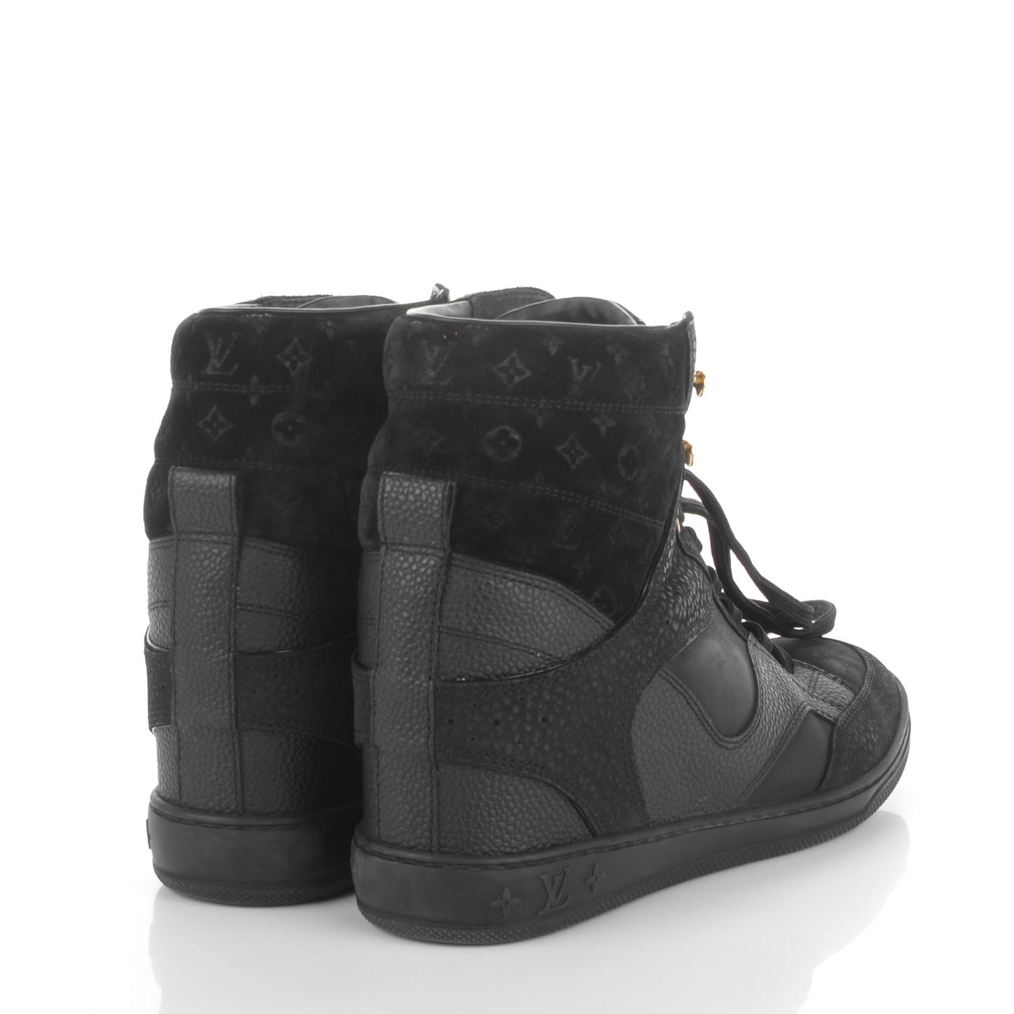 Calfskin Suede Monogram Cliff Top Wedge Sneakers 38.5 Black