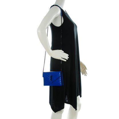 Saint Laurent Grain De Poudre Matelasse Chevron Monogram Envelope Chain Wallet Blue Majorelle 2 of 7