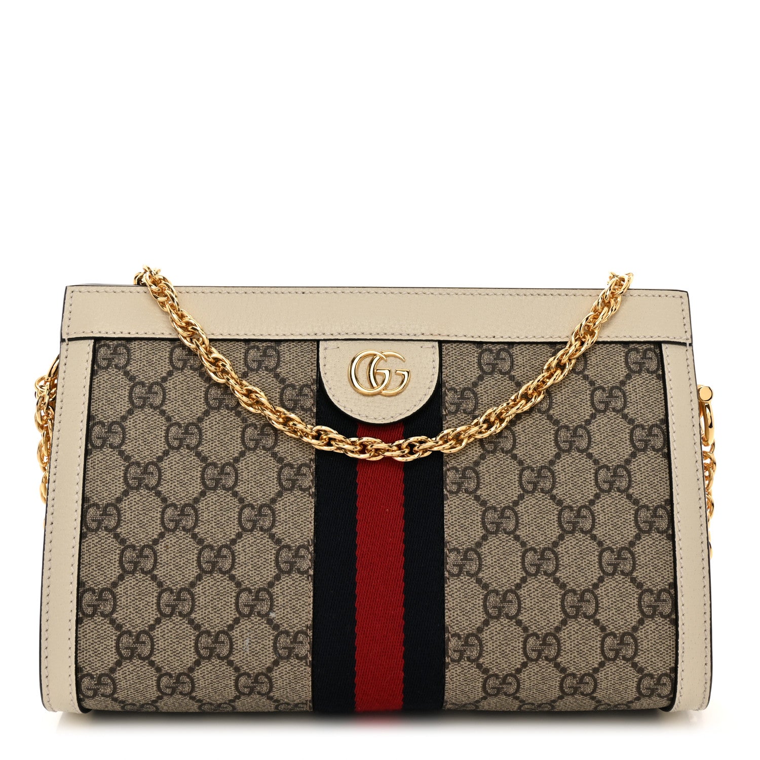 Gucci GG Supreme Monogram Textured Calfskin Web Small Ophidia Chain Shoulder Bag Beige Ebony Mystic White 1 of 10