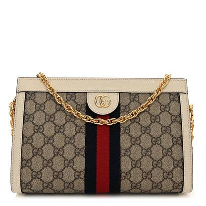 Gucci GG Supreme Monogram Textured Calfskin Web Small Ophidia Chain Shoulder Bag Beige Ebony Mystic White 1 of 10