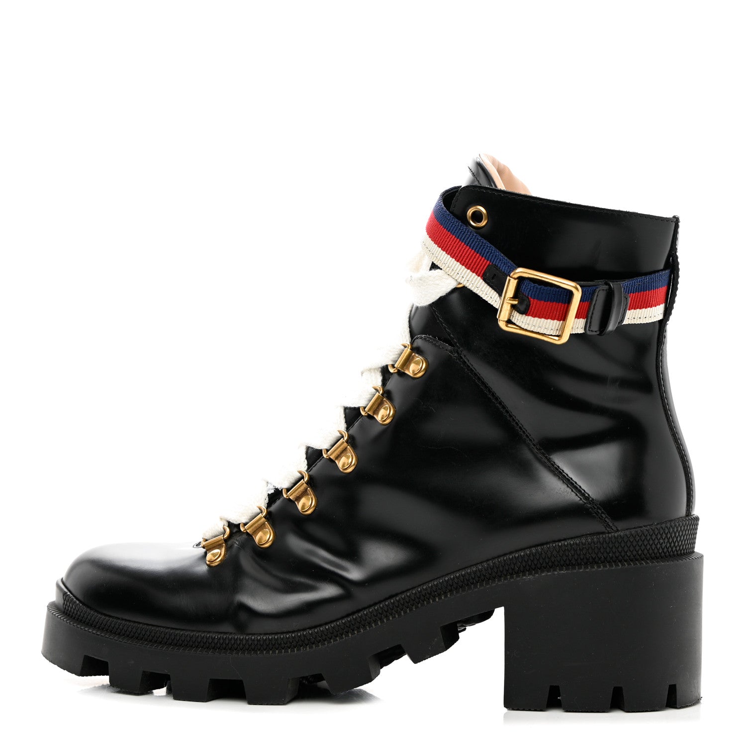 Gucci Calfskin Womens Sylvie Web Lace Up Combat Boots 40 Black 1 of 7