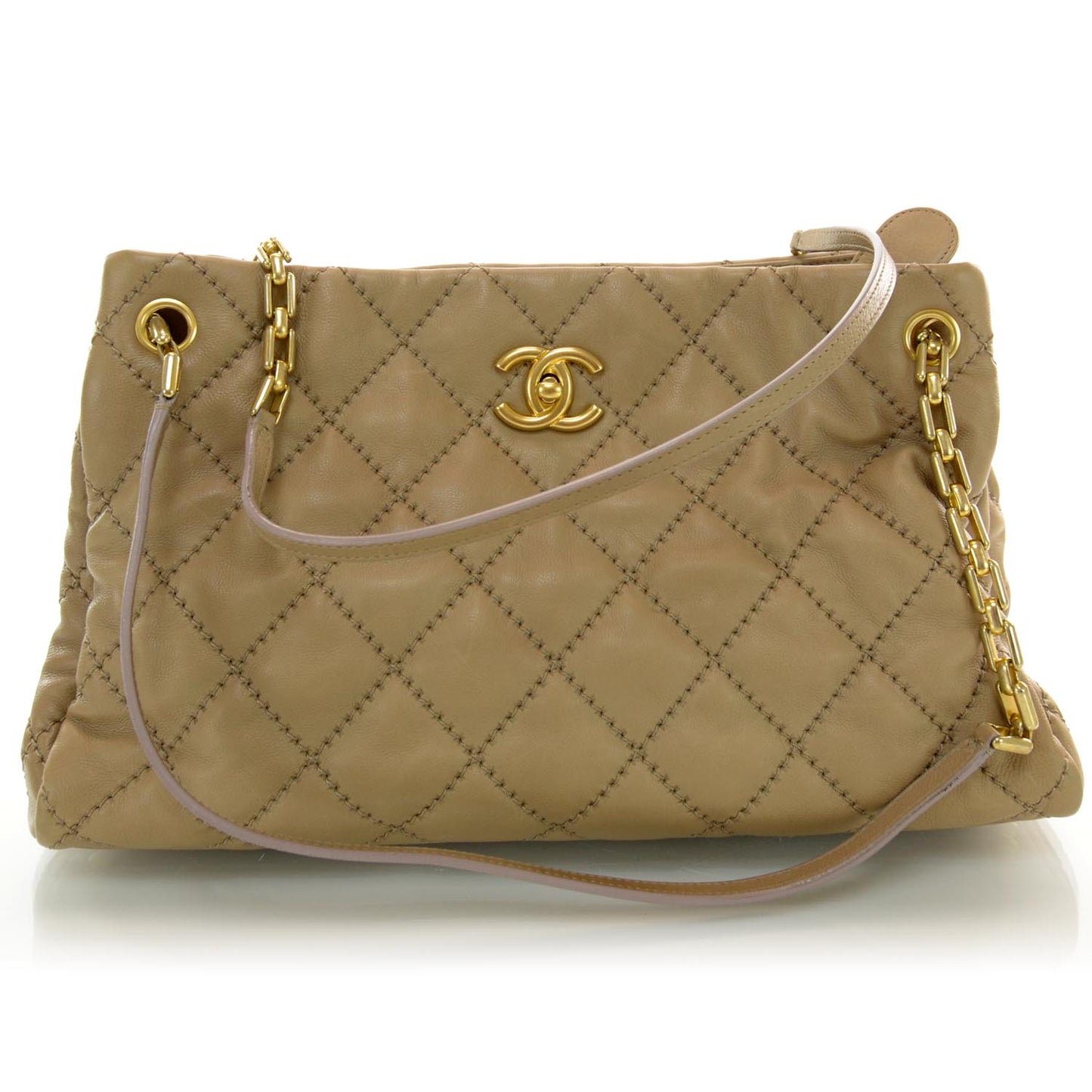 Calfskin Quilted Large Retro Chain Tote Beige