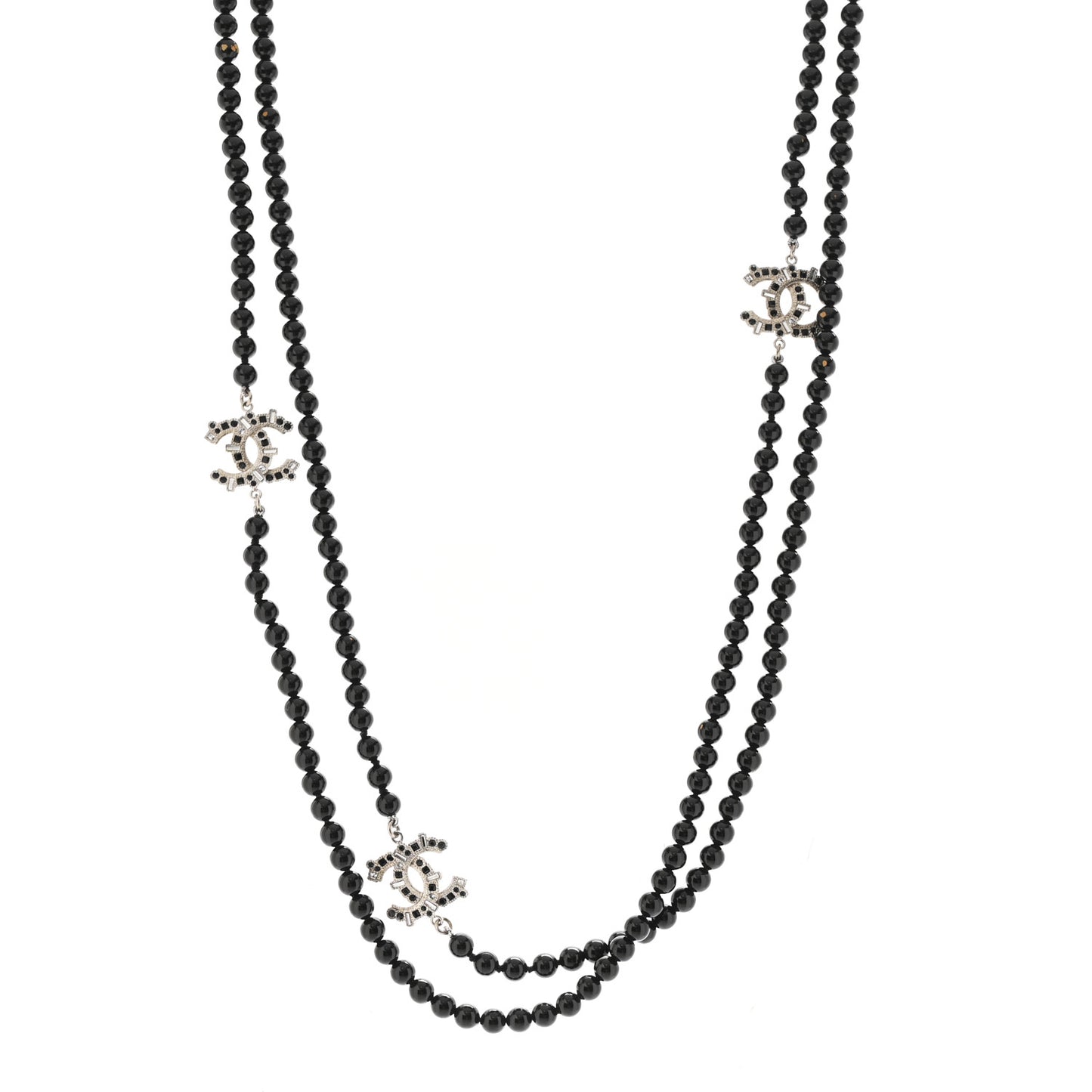 Metal Crystal Beaded CC Long Necklace Black Silver