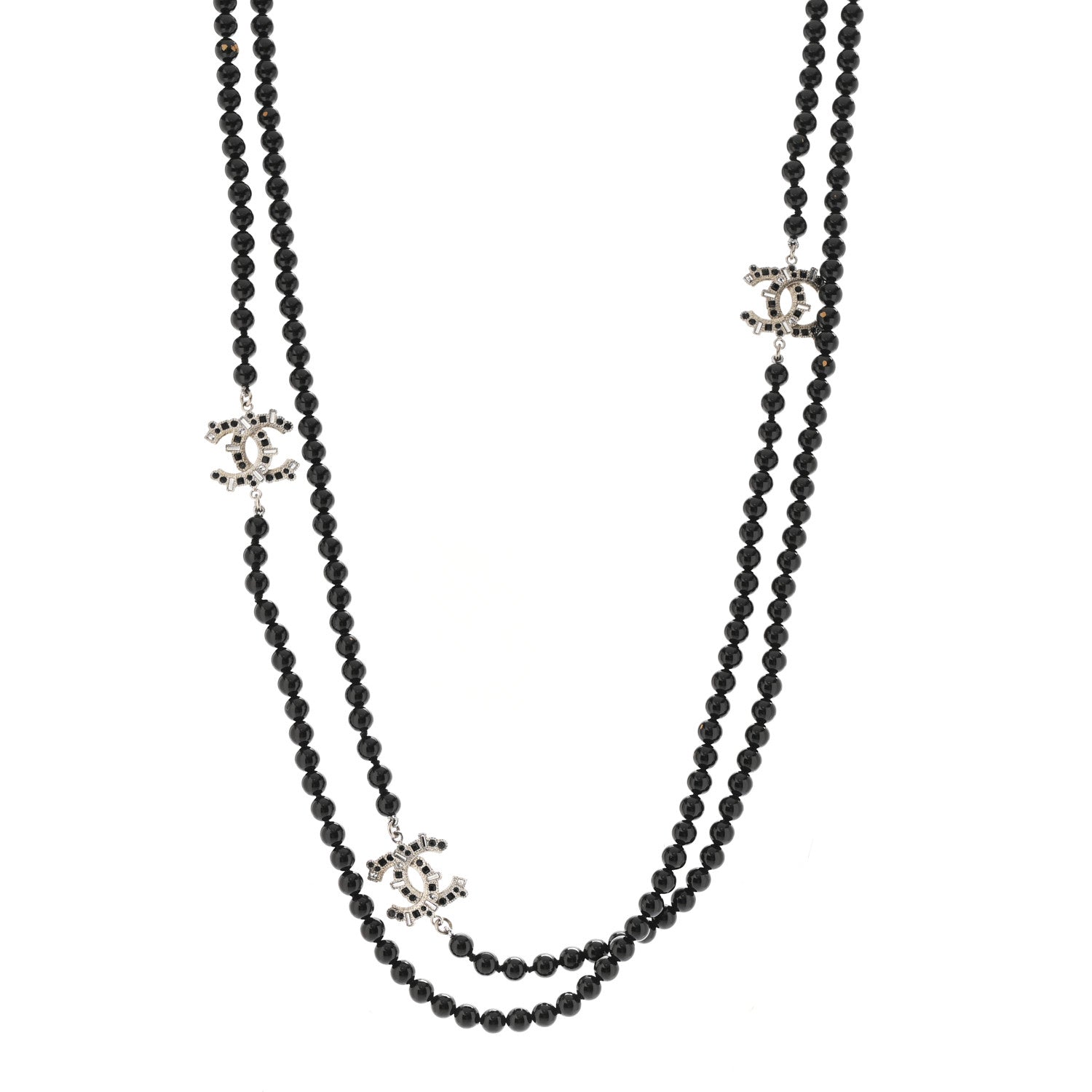 Chanel Metal Crystal Beaded CC Long Necklace Black Silver 1 of 7