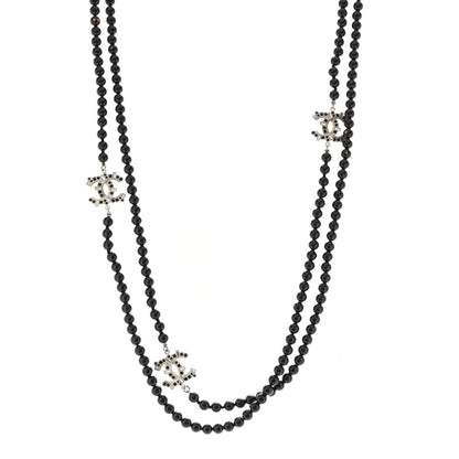 Chanel Metal Crystal Beaded CC Long Necklace Black Silver 1 of 7