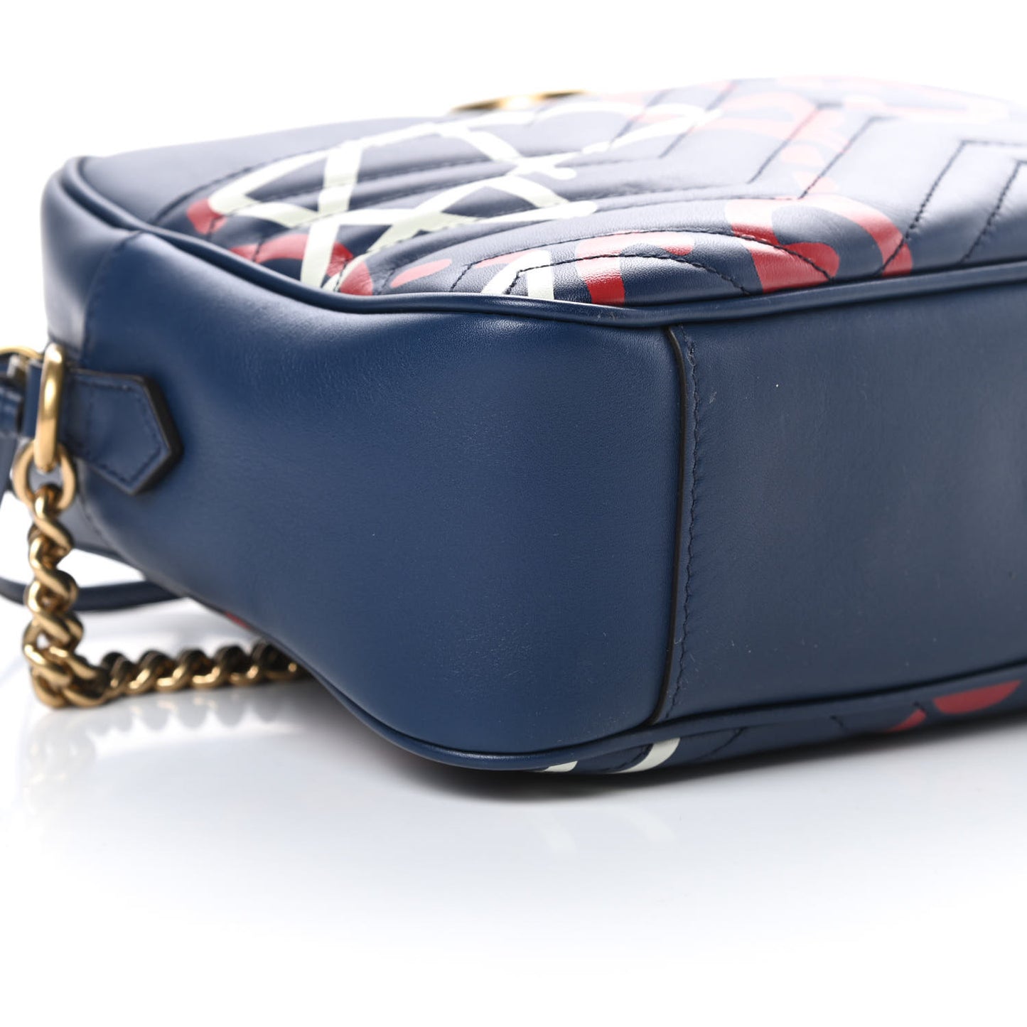 Calfskin Matelasse GucciGhost Medium GG Marmont Chain Shoulder Bag Blue Agata Hibiscus Red