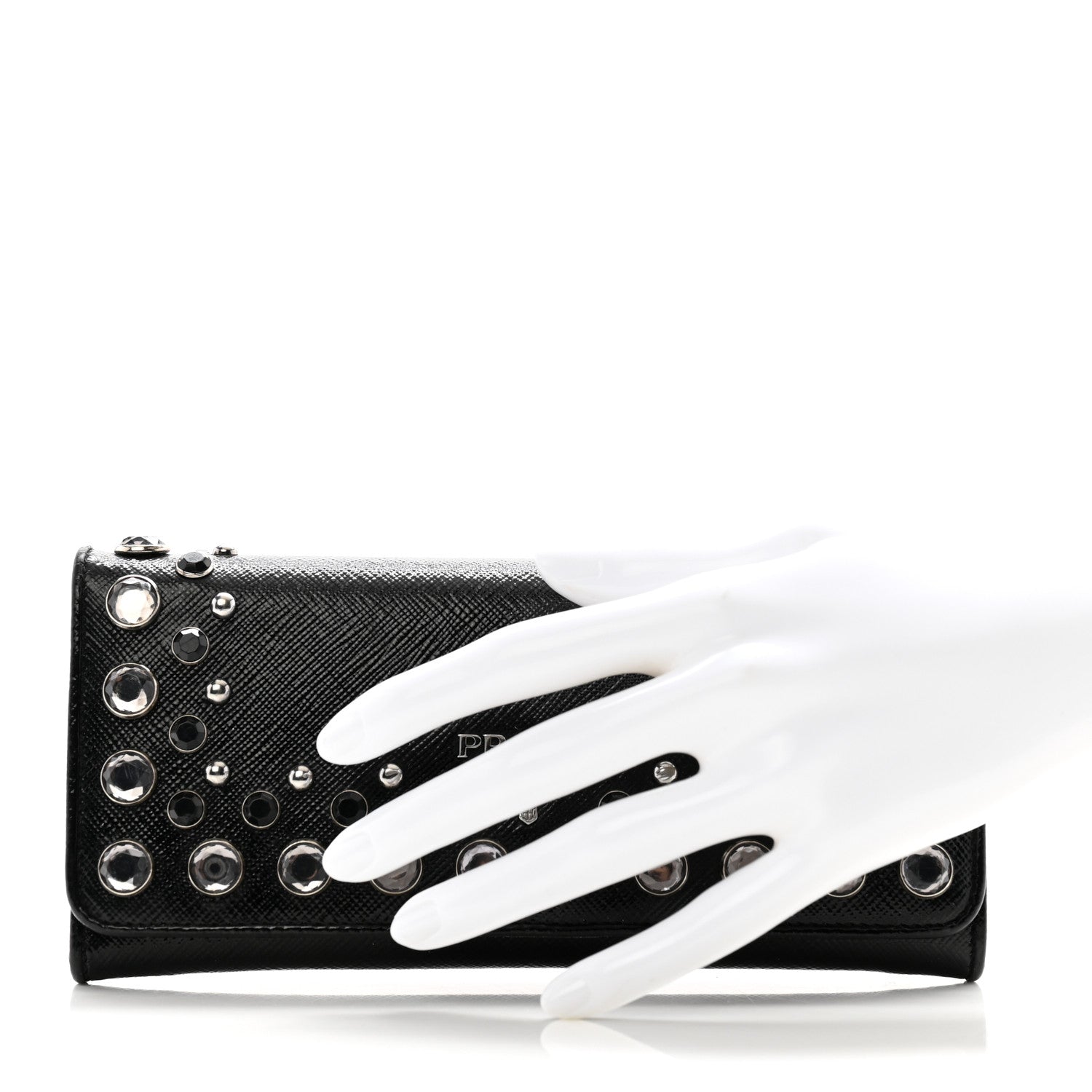 Prada Saffiano Vernice Crystal Studded Flap Wallet Black 2 of 14