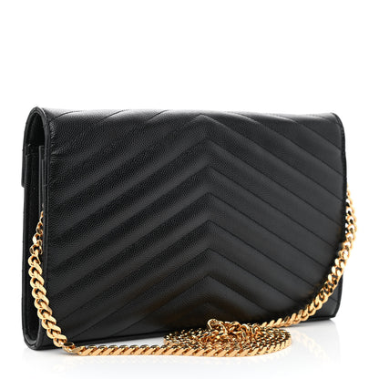 Saint Laurent Grain De Poudre Matelasse Chevron Monogram Chain Wallet Black 3 of 12