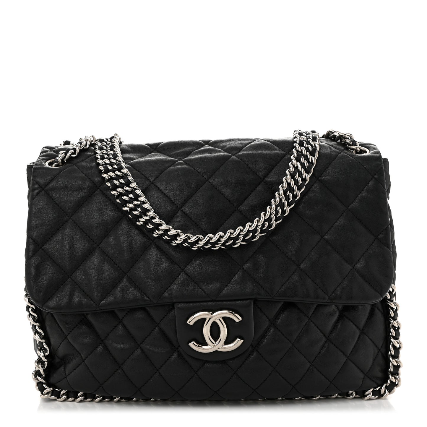 Washed Lambskin Quilted Maxi Chain Around Flap Black