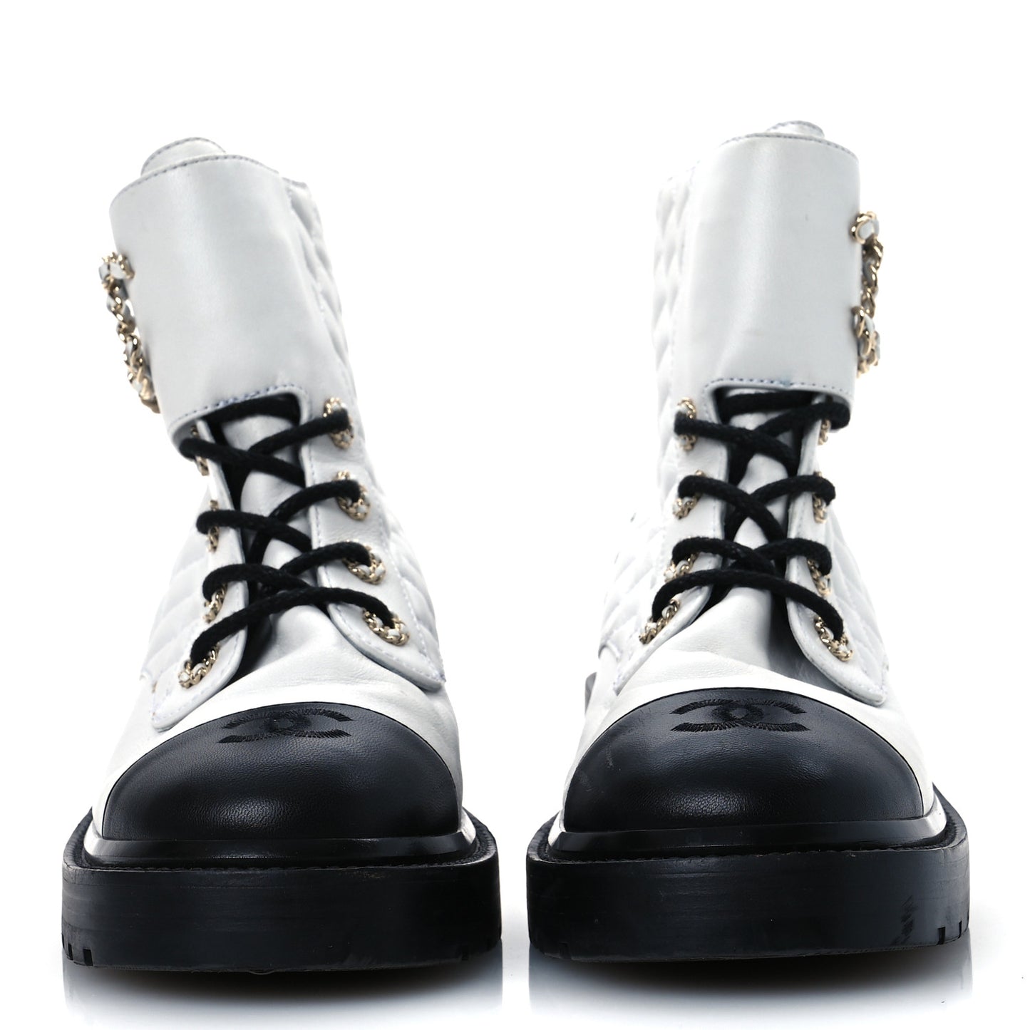 Shiny Lambskin Quilted Lace Up Combat Boots 39.5 White Black