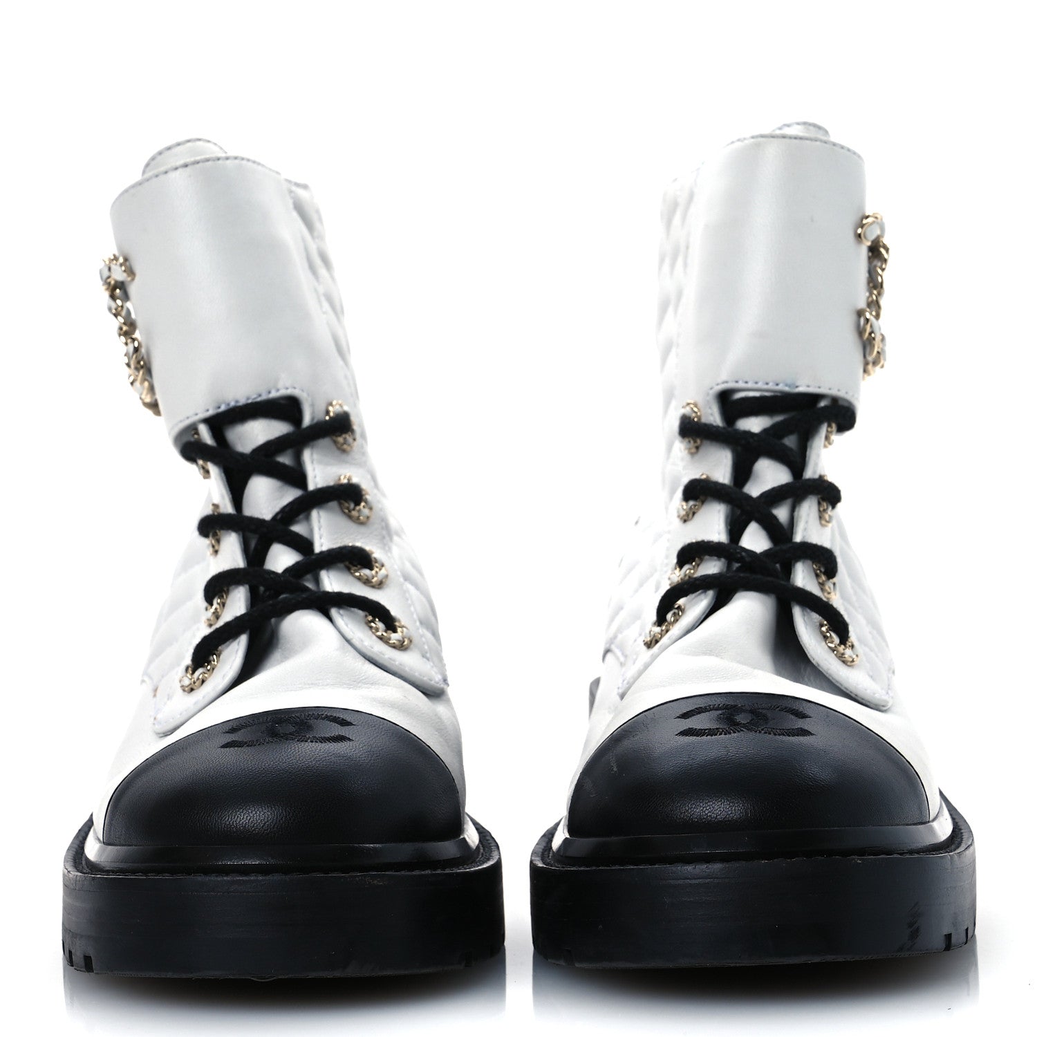 Chanel Shiny Lambskin Quilted Lace Up Combat Boots 39.5 White Black 3 of 18