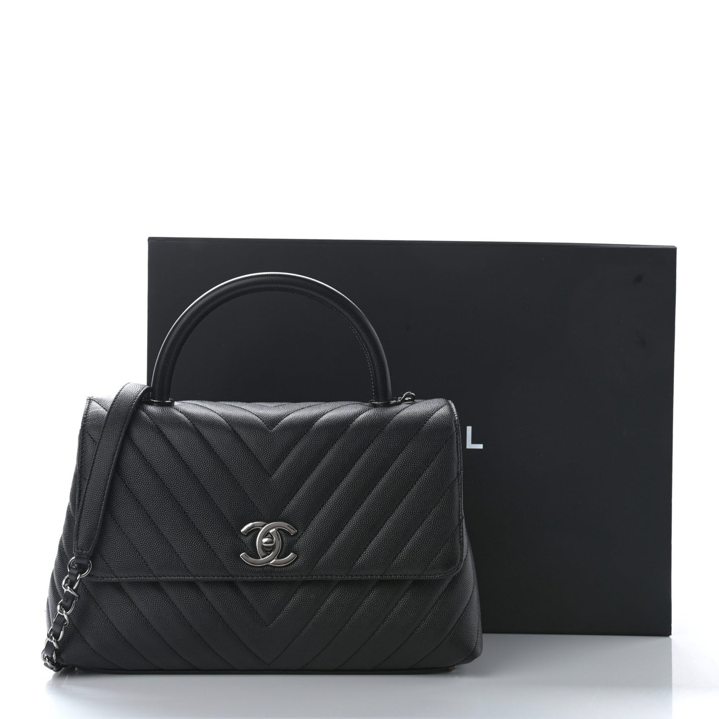 Caviar Chevron Quilted Small Coco Handle Flap Black