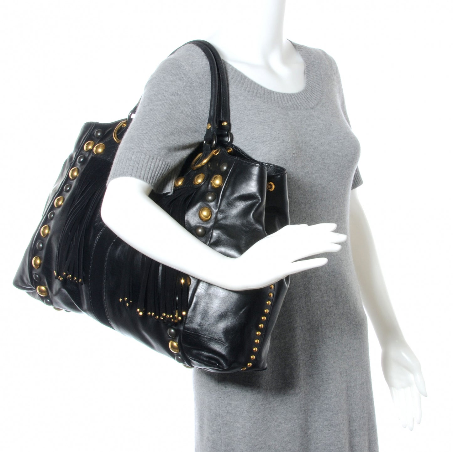 Leather Suede Fringe Large Babouska Tote Black