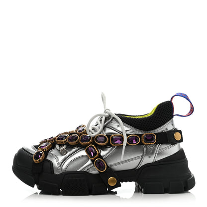Gucci X SEGA Metallic Calfskin Mesh Removable Crystals Womens Flashtrek Sneakers 37.5 Silver Black 1 of 5