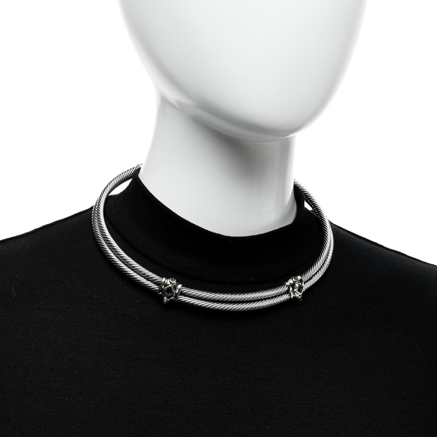 Sterling Silver 14K Yellow Gold Amethyst Green Onyx Renaissance Cable Choker Necklace
