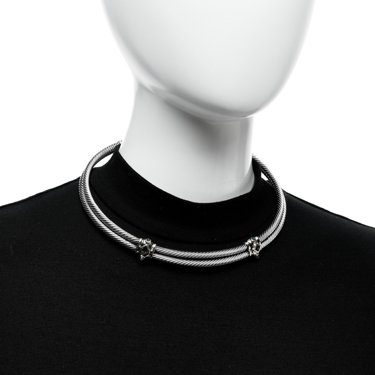David Yurman Sterling Silver 14K Yellow Gold Amethyst Green Onyx Renaissance Cable Choker Necklace 2 of 5