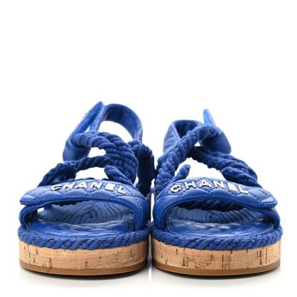 Chanel Cord Lambskin Quilted Logo Sandals 37 Blue 2 of 9
