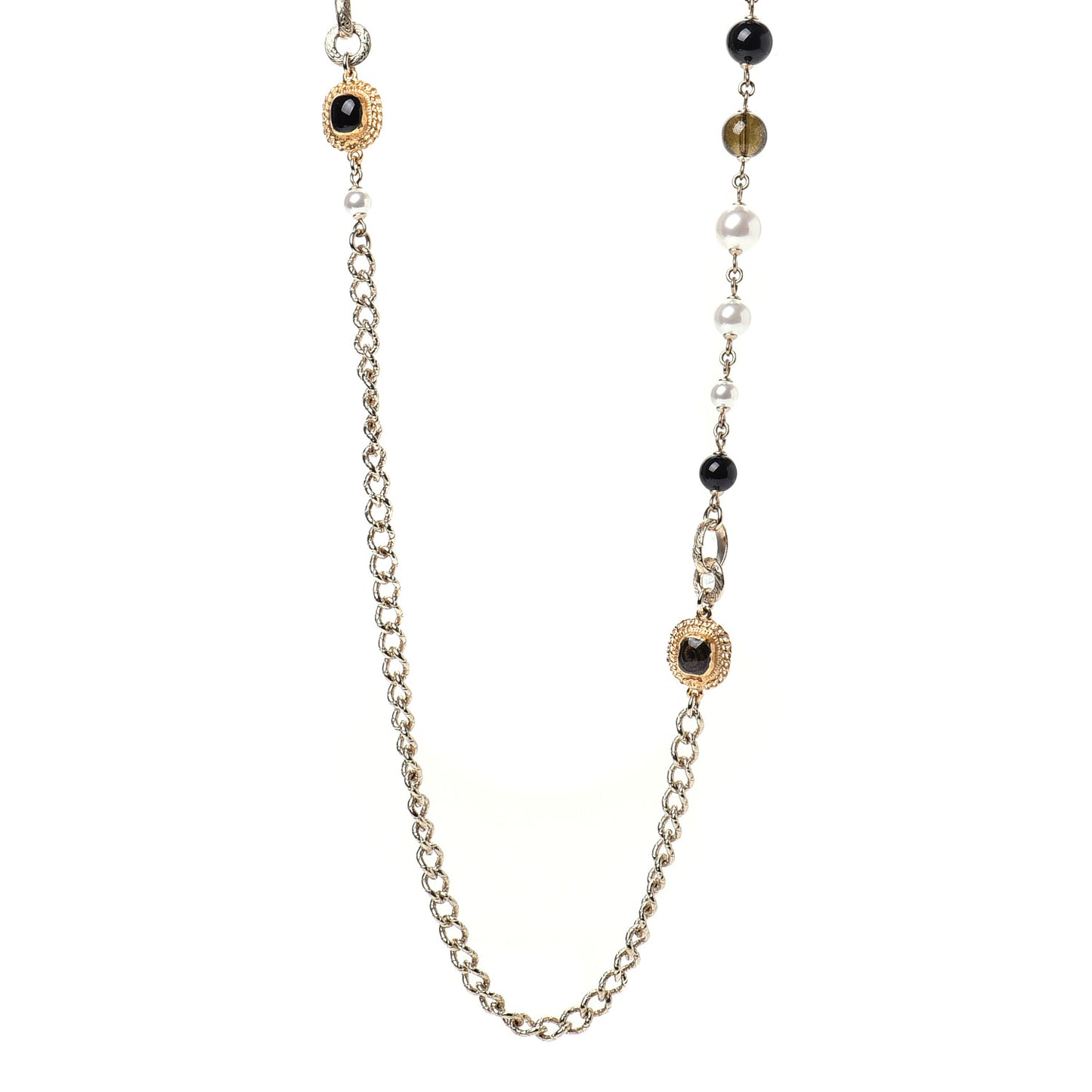 Enamel Pearl Bead CC Long Necklace Black Gold