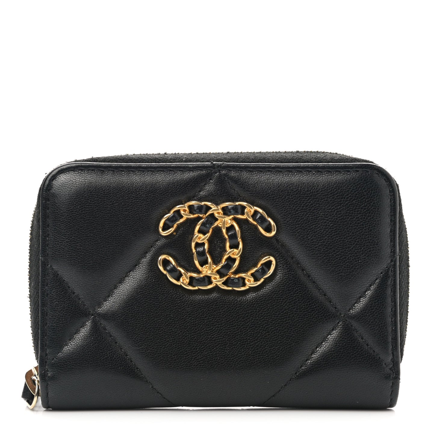 Lambskin Quilted Chanel 19 Zip Around Coin Purse Wallet Black