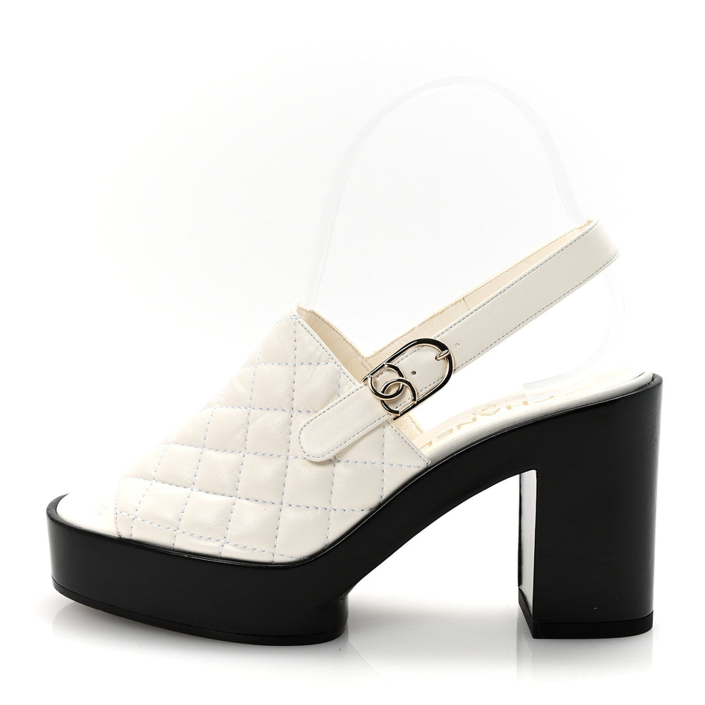 Chanel Lambskin Quilted Peep Toe Wedge Sandals 38 White 1792503 ...