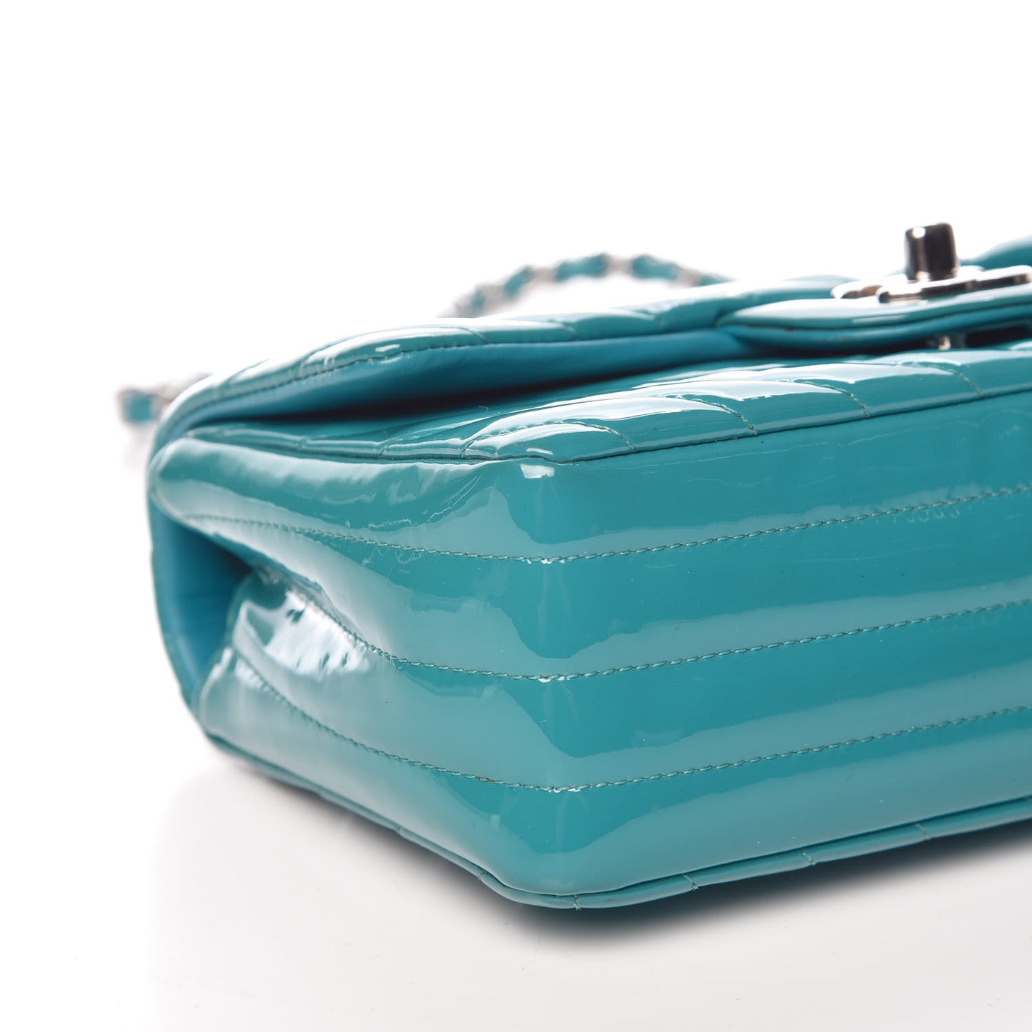 Patent Calfskin Chevron Quilted Mini Rectangular Flap Blue