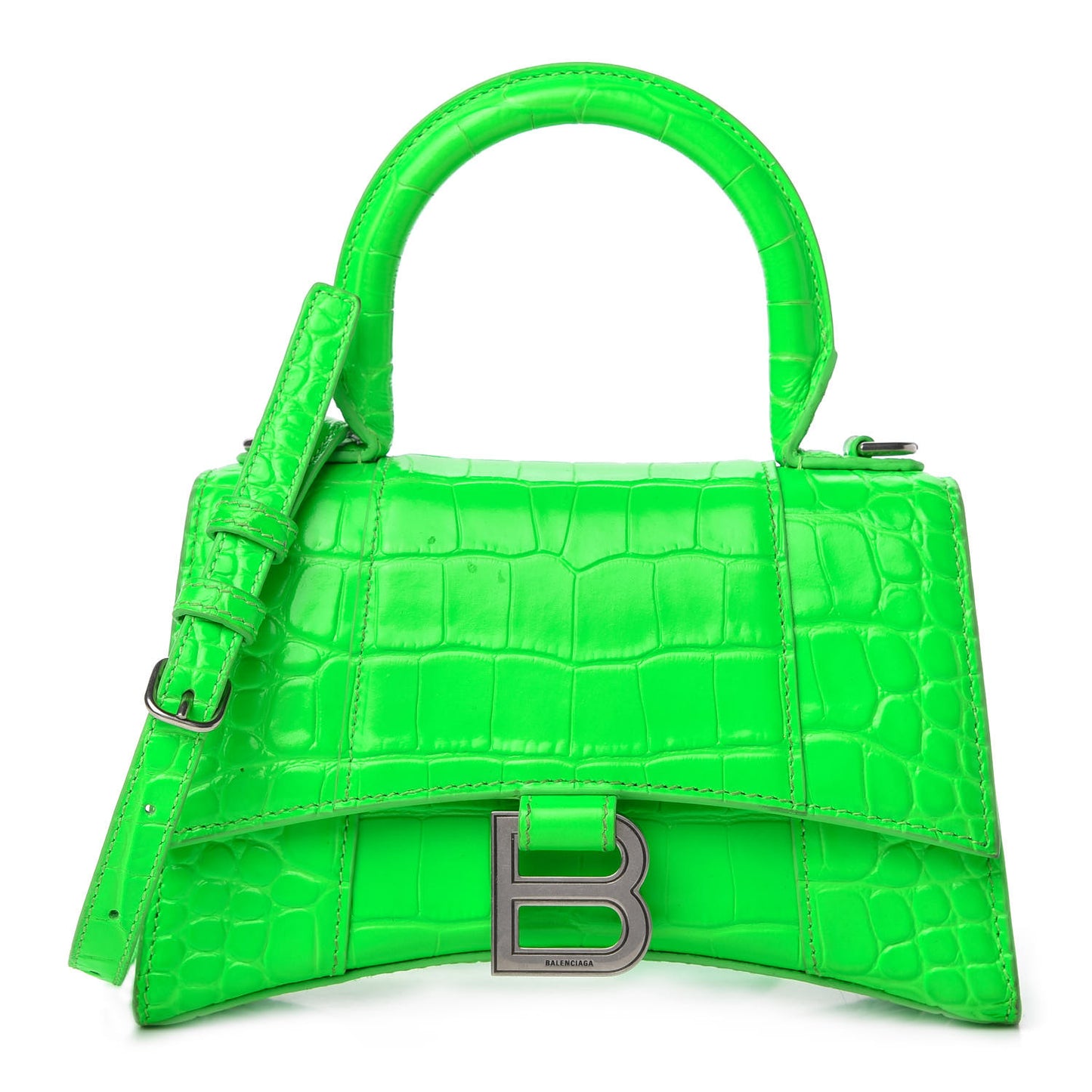 Shiny Calfskin Crocodile Embossed Hourglass Top Handle Bag XS Fluo Green