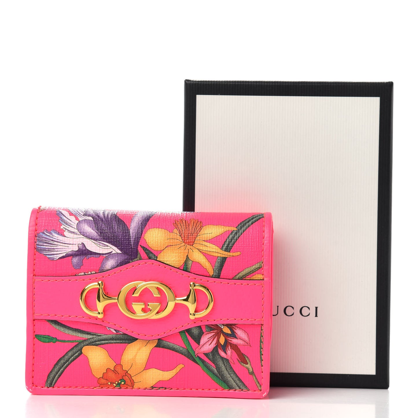 Calfskin Flora Print Zumi Card Case Fuxia Fluo