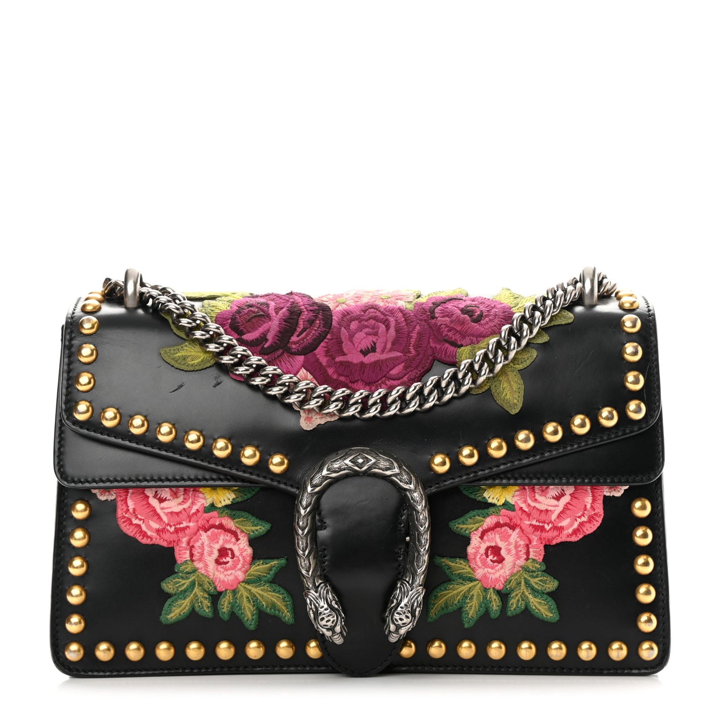 Calfskin Floral Embroidered Studded Small Dionysus Shoulder Bag Black