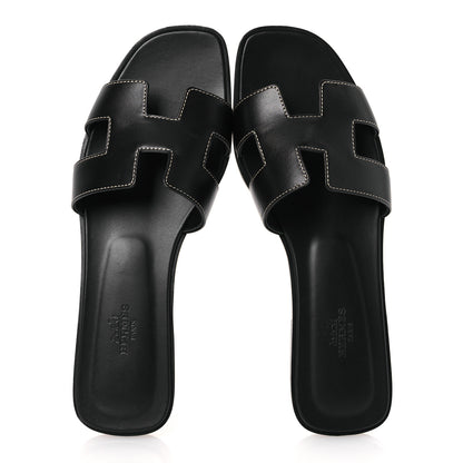 Hermes Box Calfskin Oran Sandals 39 Black 2 of 12