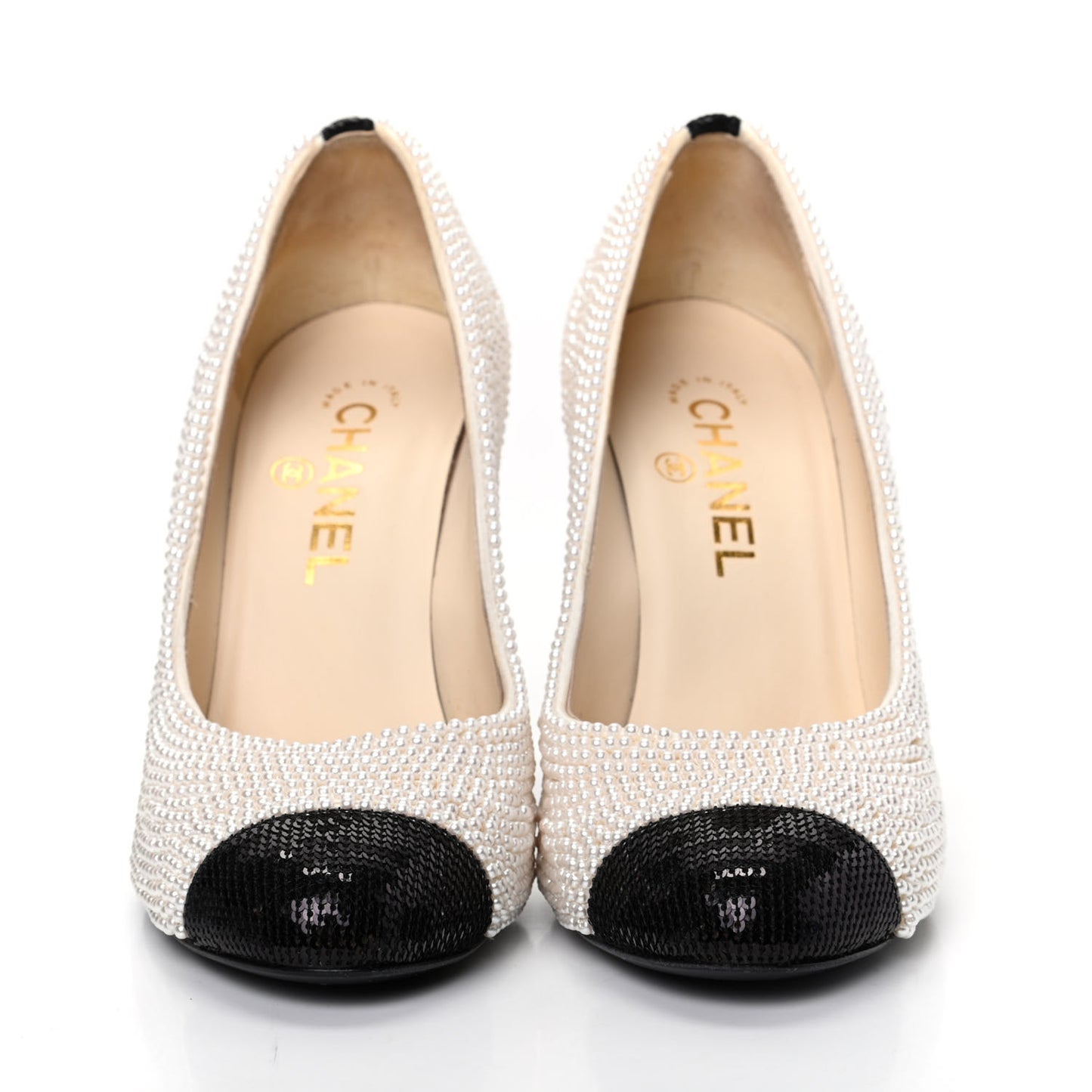 Pearl Sequins Cap Toe Pumps 37.5 Beige Black