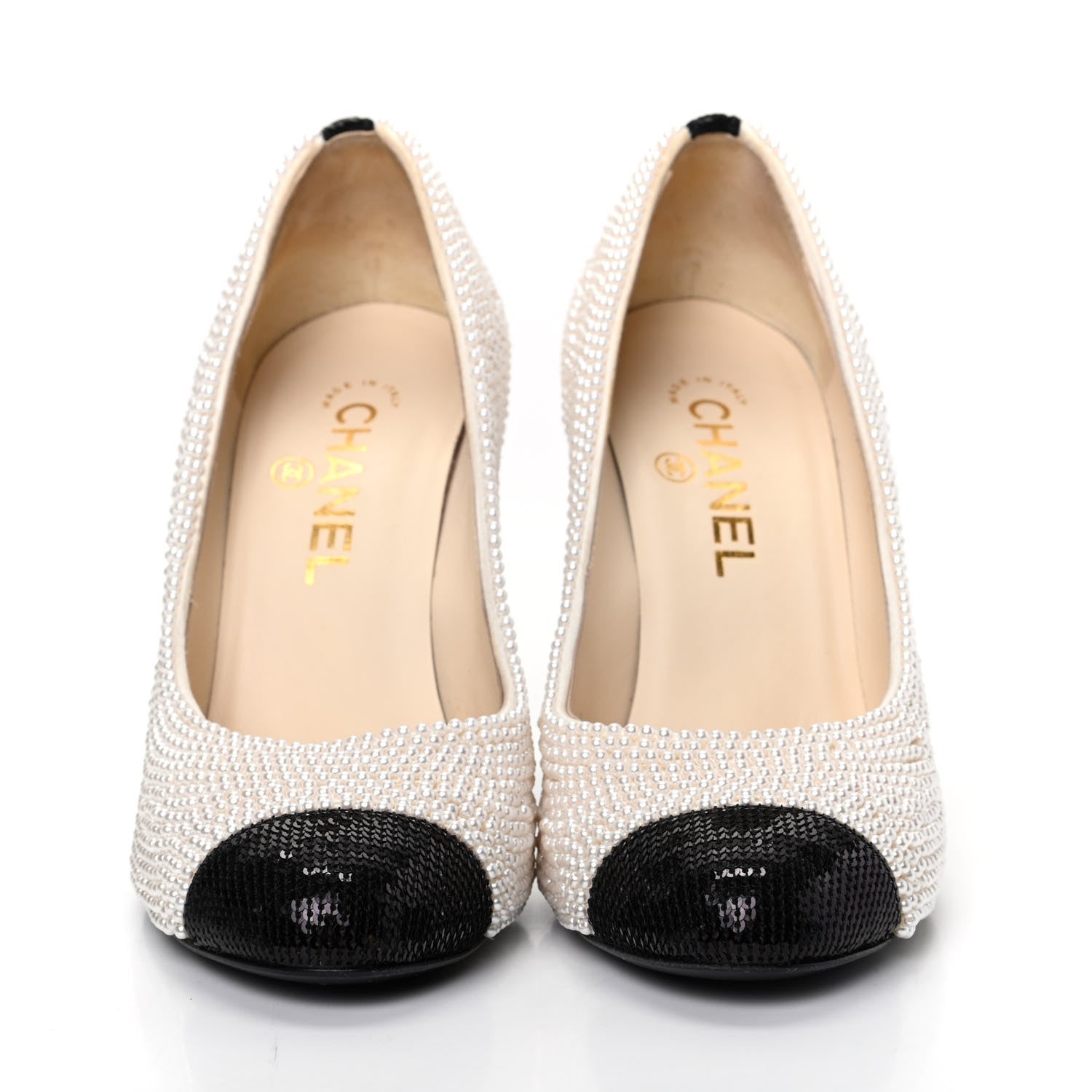 Chanel Pearl Sequins Cap Toe Pumps 37.5 Beige Black 2 of 11