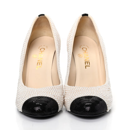 Chanel Pearl Sequins Cap Toe Pumps 37.5 Beige Black 2 of 11